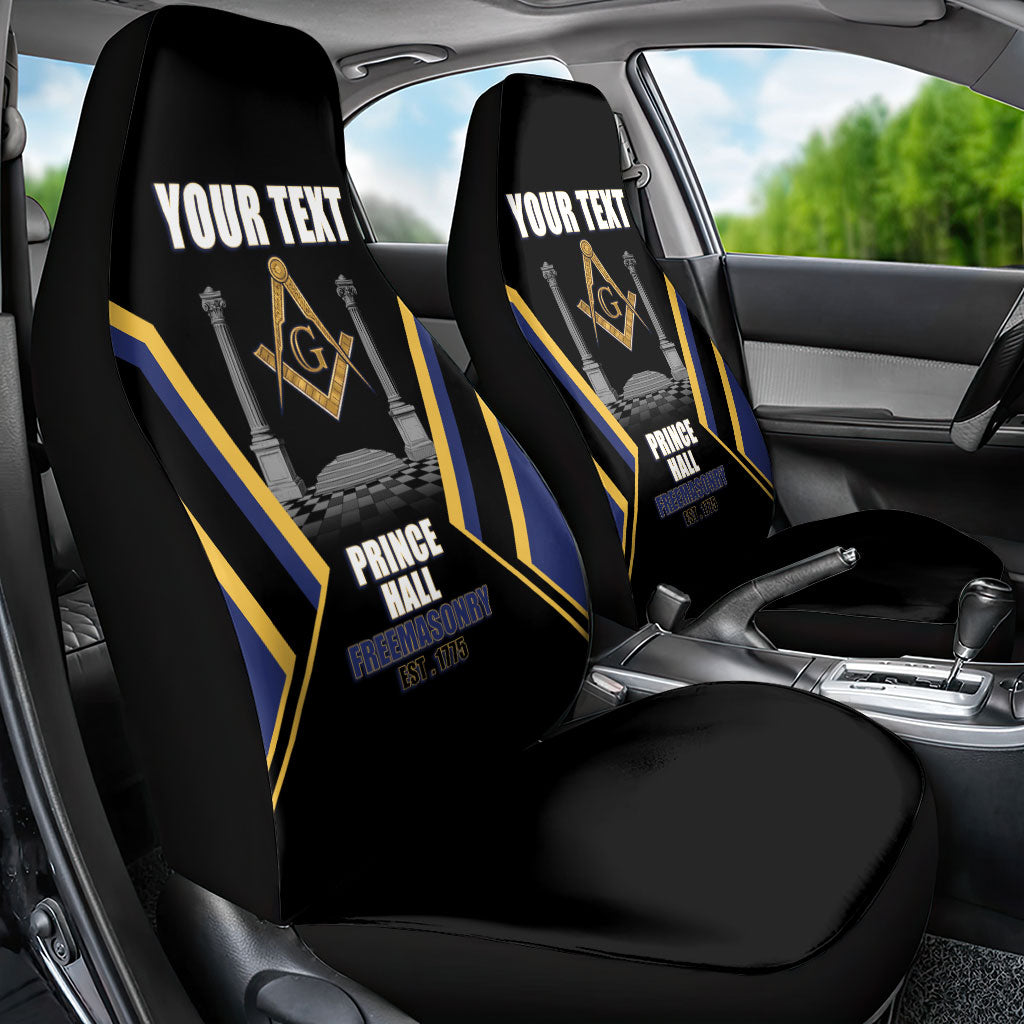 Personalized Prince Hall Freemasonry Car Seat Cover Royal Blue Gold Masonic Geometric Legacy Graphic