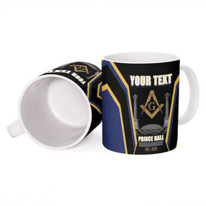 Personalized Prince Hall Freemasonry Ceramic Mug Royal Blue Gold Masonic Geometric Legacy Graphic