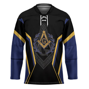 Personalized Prince Hall Freemasonry Hockey Jersey Royal Blue Gold Masonic Geometric Legacy Graphic