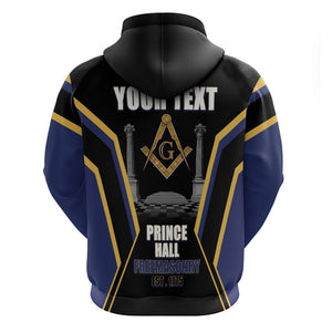 Personalized Prince Hall Freemasonry Hoodie Royal Blue Gold Masonic Geometric Legacy Graphic