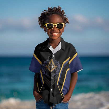 Personalized Prince Hall Freemasonry Kid Hawaiian Shirt Royal Blue Gold Masonic Geometric Legacy Graphic