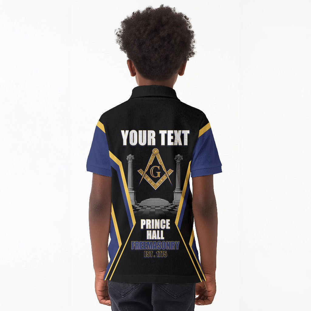 Personalized Prince Hall Freemasonry Kid Polo Shirt Royal Blue Gold Masonic Geometric Legacy Graphic