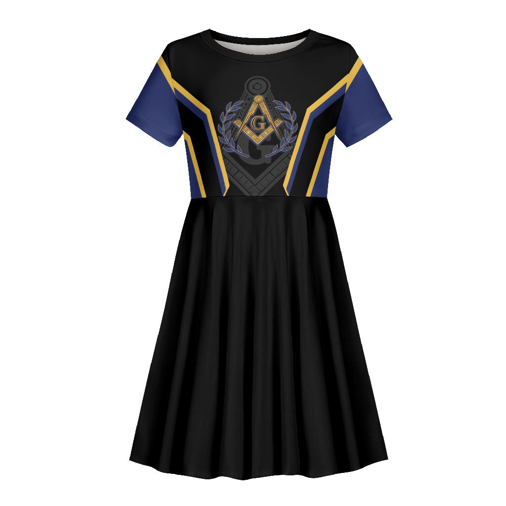 Personalized Prince Hall Freemasonry Kid Short Sleeve Dress Royal Blue Gold Masonic Geometric Legacy Graphic
