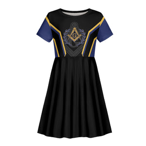 Personalized Prince Hall Freemasonry Kid Short Sleeve Dress Royal Blue Gold Masonic Geometric Legacy Graphic