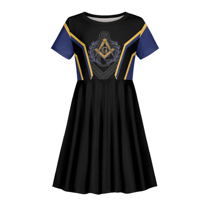 Personalized Prince Hall Freemasonry Kid Short Sleeve Dress Royal Blue Gold Masonic Geometric Legacy Graphic