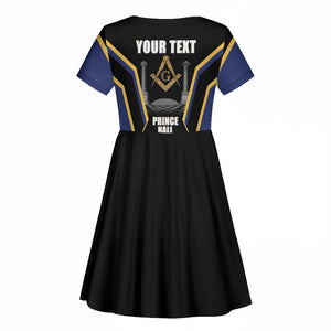 Personalized Prince Hall Freemasonry Kid Short Sleeve Dress Royal Blue Gold Masonic Geometric Legacy Graphic