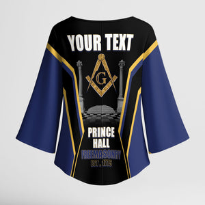 Personalized Prince Hall Freemasonry Kimono Sleeve Blouse Royal Blue Gold Masonic Geometric Legacy Graphic