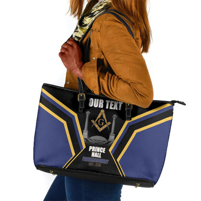Personalized Prince Hall Freemasonry Leather Tote Bag Royal Blue Gold Masonic Geometric Legacy Graphic