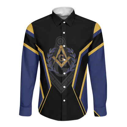 Personalized Prince Hall Freemasonry Long Sleeve Button Shirt Royal Blue Gold Masonic Geometric Legacy Graphic