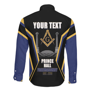 Personalized Prince Hall Freemasonry Long Sleeve Button Shirt Royal Blue Gold Masonic Geometric Legacy Graphic