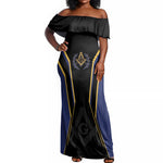 Personalized Prince Hall Freemasonry Off Shoulder Maxi Dress Royal Blue Gold Masonic Geometric Legacy Graphic