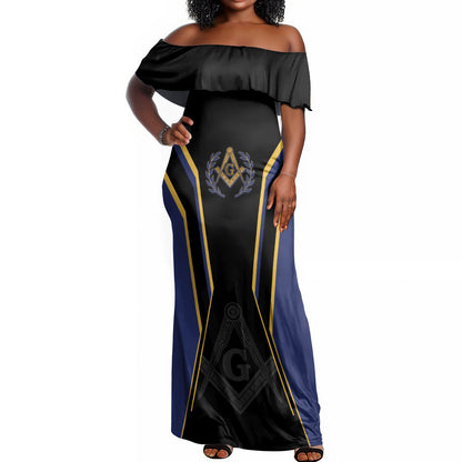 Personalized Prince Hall Freemasonry Off Shoulder Maxi Dress Royal Blue Gold Masonic Geometric Legacy Graphic
