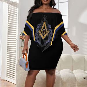 Personalized Prince Hall Freemasonry Off Shoulder Short Dress Royal Blue Gold Masonic Geometric Legacy Graphic