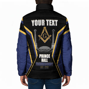 Personalized Prince Hall Freemasonry Padded Jacket Royal Blue Gold Masonic Geometric Legacy Graphic