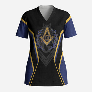 Personalized Prince Hall Freemasonry Scrub Top Royal Blue Gold Masonic Geometric Legacy Graphic