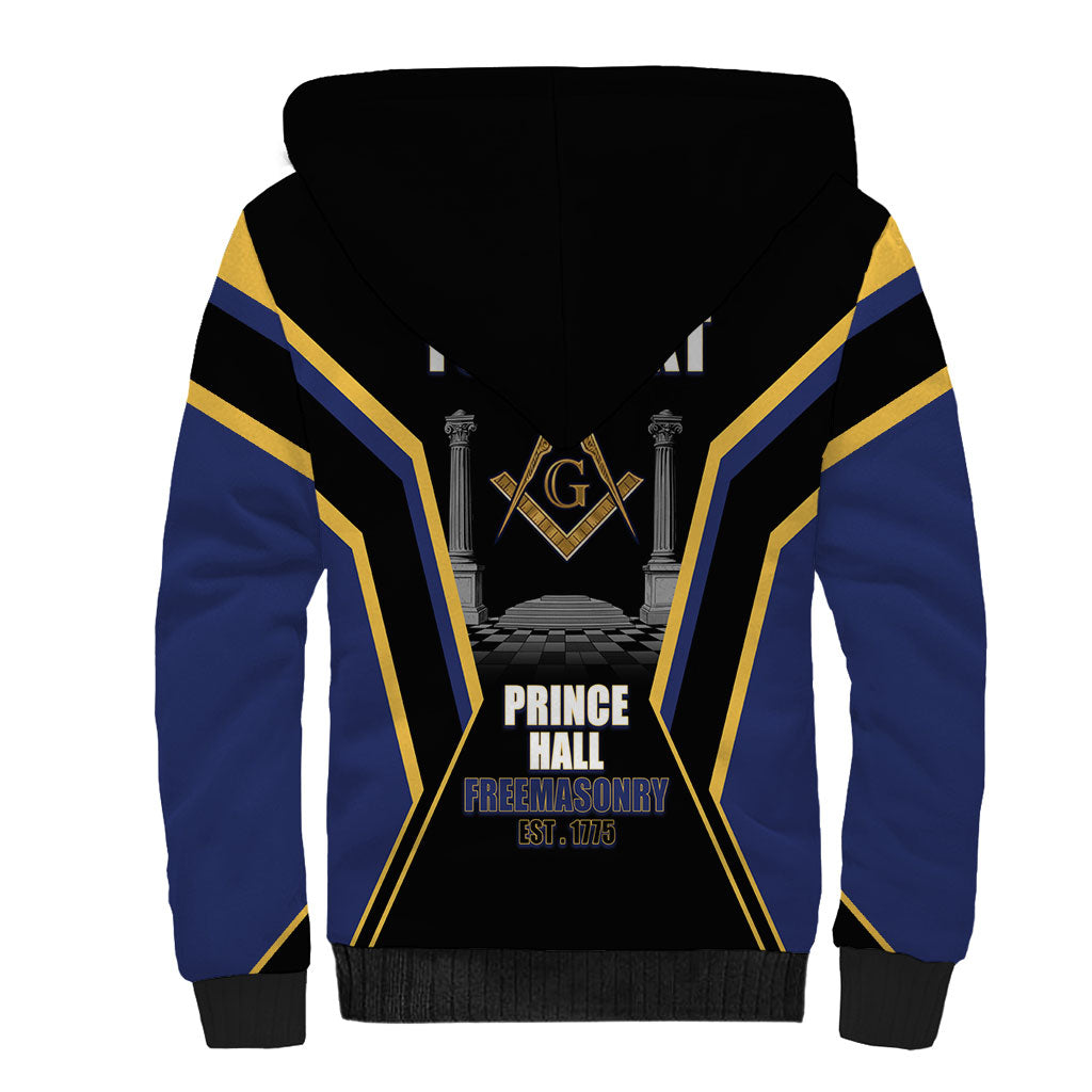 Personalized Prince Hall Freemasonry Sherpa Hoodie Royal Blue Gold Masonic Geometric Legacy Graphic
