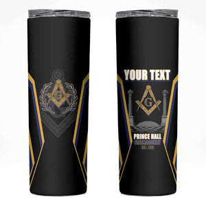 Personalized Prince Hall Freemasonry Skinny Tumbler Royal Blue Gold Masonic Geometric Legacy Graphic