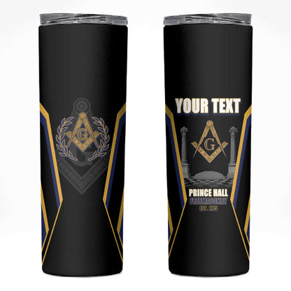 Personalized Prince Hall Freemasonry Skinny Tumbler Royal Blue Gold Masonic Geometric Legacy Graphic
