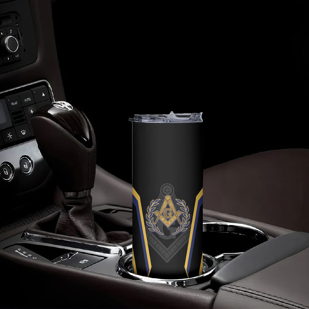Personalized Prince Hall Freemasonry Skinny Tumbler Royal Blue Gold Masonic Geometric Legacy Graphic