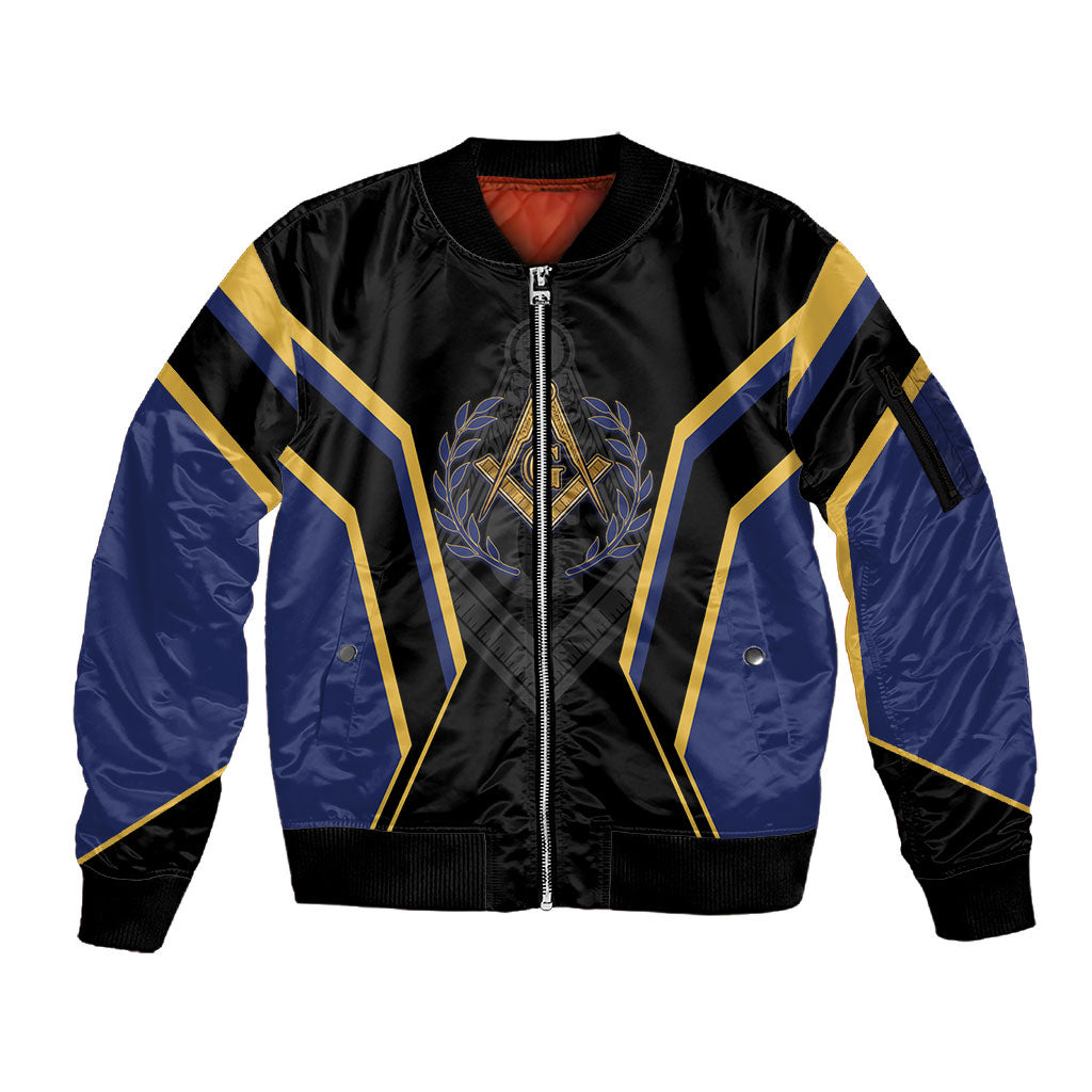 Personalized Prince Hall Freemasonry Sleeve Zip Bomber Jacket Royal Blue Gold Masonic Geometric Legacy Graphic