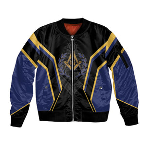 Personalized Prince Hall Freemasonry Sleeve Zip Bomber Jacket Royal Blue Gold Masonic Geometric Legacy Graphic