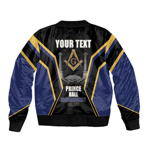 Personalized Prince Hall Freemasonry Sleeve Zip Bomber Jacket Royal Blue Gold Masonic Geometric Legacy Graphic