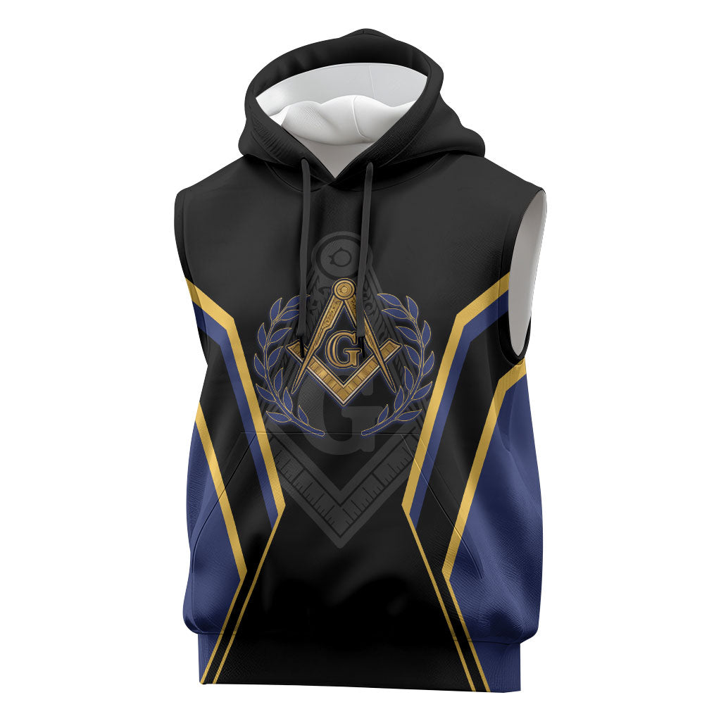 Personalized Prince Hall Freemasonry Sleeveless Hoodie Royal Blue Gold Masonic Geometric Legacy Graphic