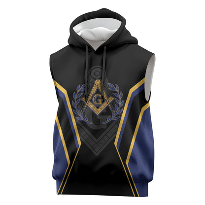 Personalized Prince Hall Freemasonry Sleeveless Hoodie Royal Blue Gold Masonic Geometric Legacy Graphic