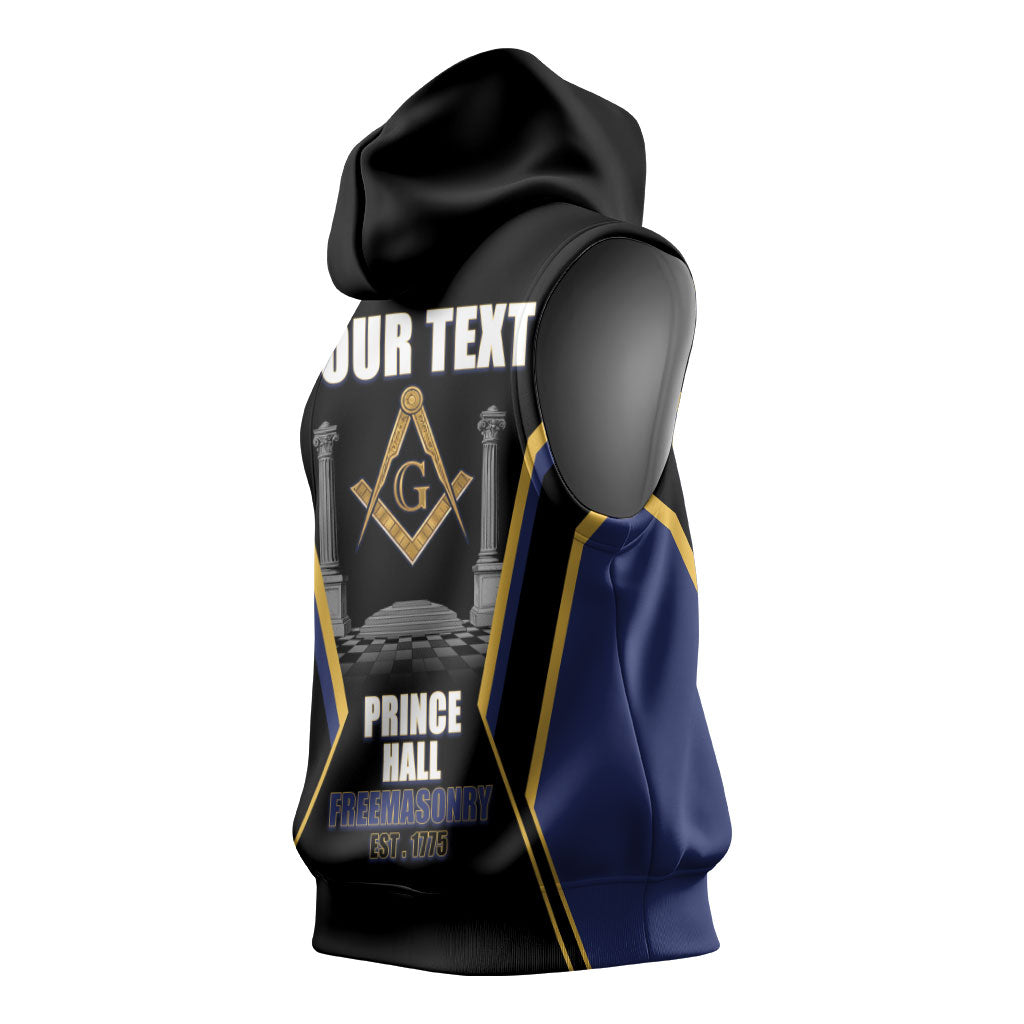 Personalized Prince Hall Freemasonry Sleeveless Hoodie Royal Blue Gold Masonic Geometric Legacy Graphic