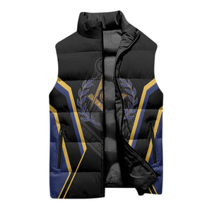 Personalized Prince Hall Freemasonry Sleeveless Puffer Jacket Royal Blue Gold Masonic Geometric Legacy Graphic
