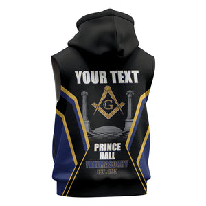 Personalized Prince Hall Freemasonry Sleeveless Zip Hoodie Royal Blue Gold Masonic Geometric Legacy Graphic
