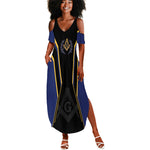 Personalized Prince Hall Freemasonry Summer Maxi Dress Royal Blue Gold Masonic Geometric Legacy Graphic