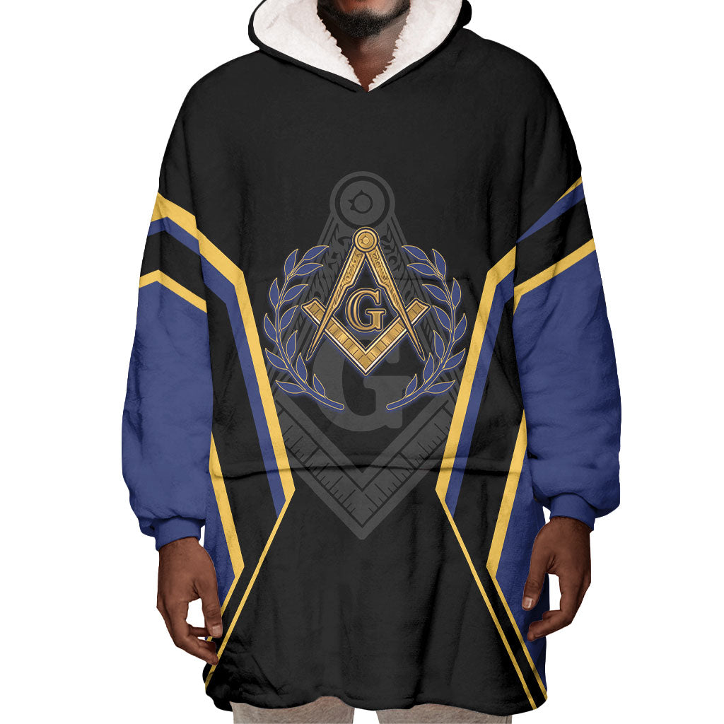 Personalized Prince Hall Freemasonry Wearable Blanket Hoodie Royal Blue Gold Masonic Geometric Legacy Graphic