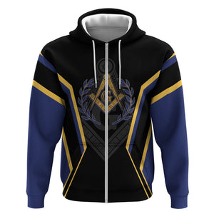 Personalized Prince Hall Freemasonry Zip Hoodie Royal Blue Gold Masonic Geometric Legacy Graphic