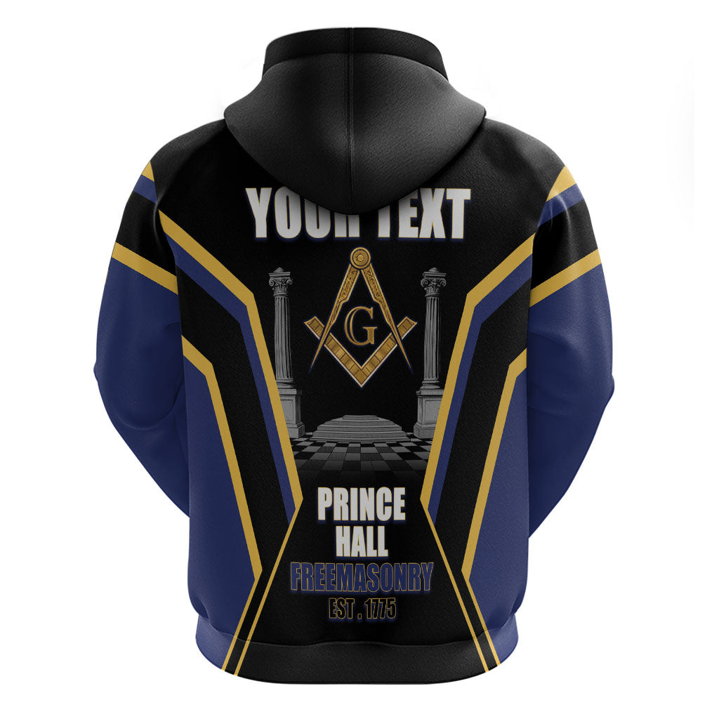 Personalized Prince Hall Freemasonry Zip Hoodie Royal Blue Gold Masonic Geometric Legacy Graphic