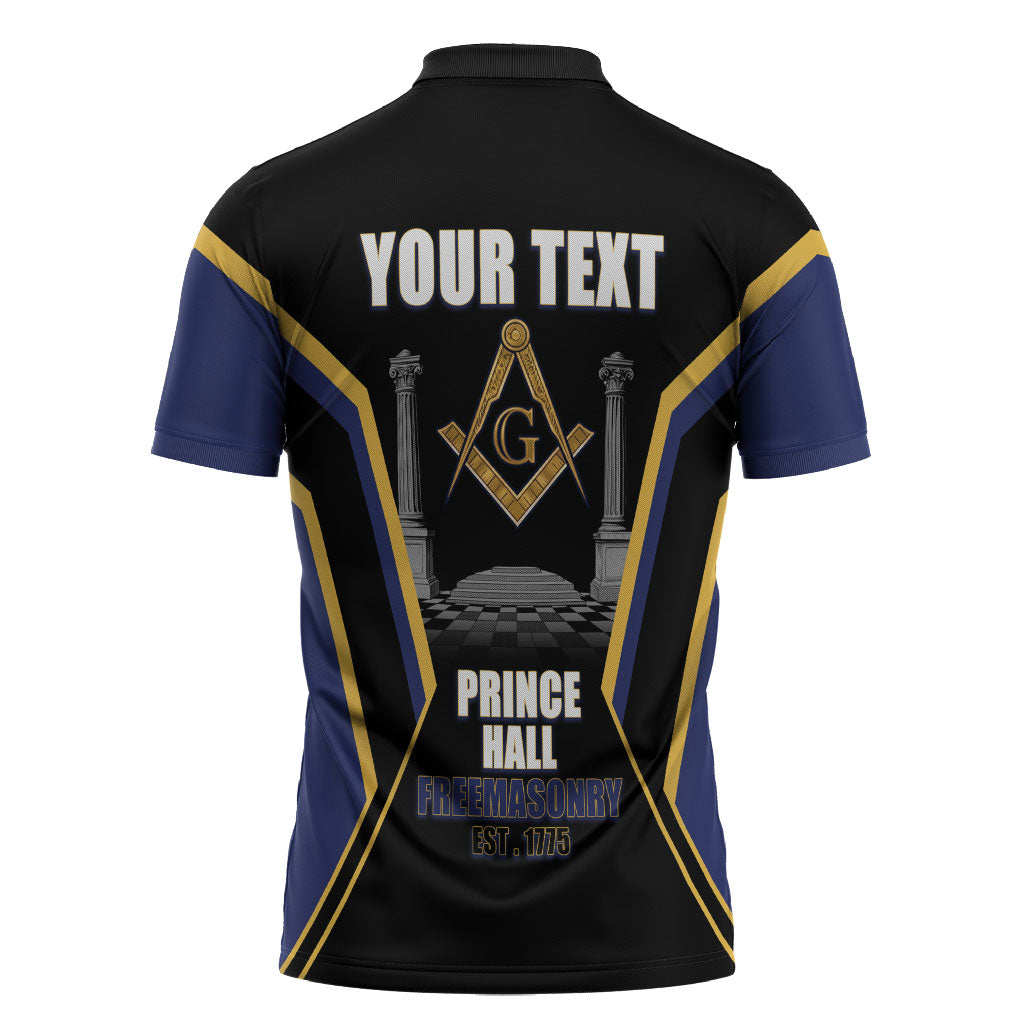 Personalized Prince Hall Freemasonry Zipper Polo Shirt Royal Blue Gold Masonic Geometric Legacy Graphic