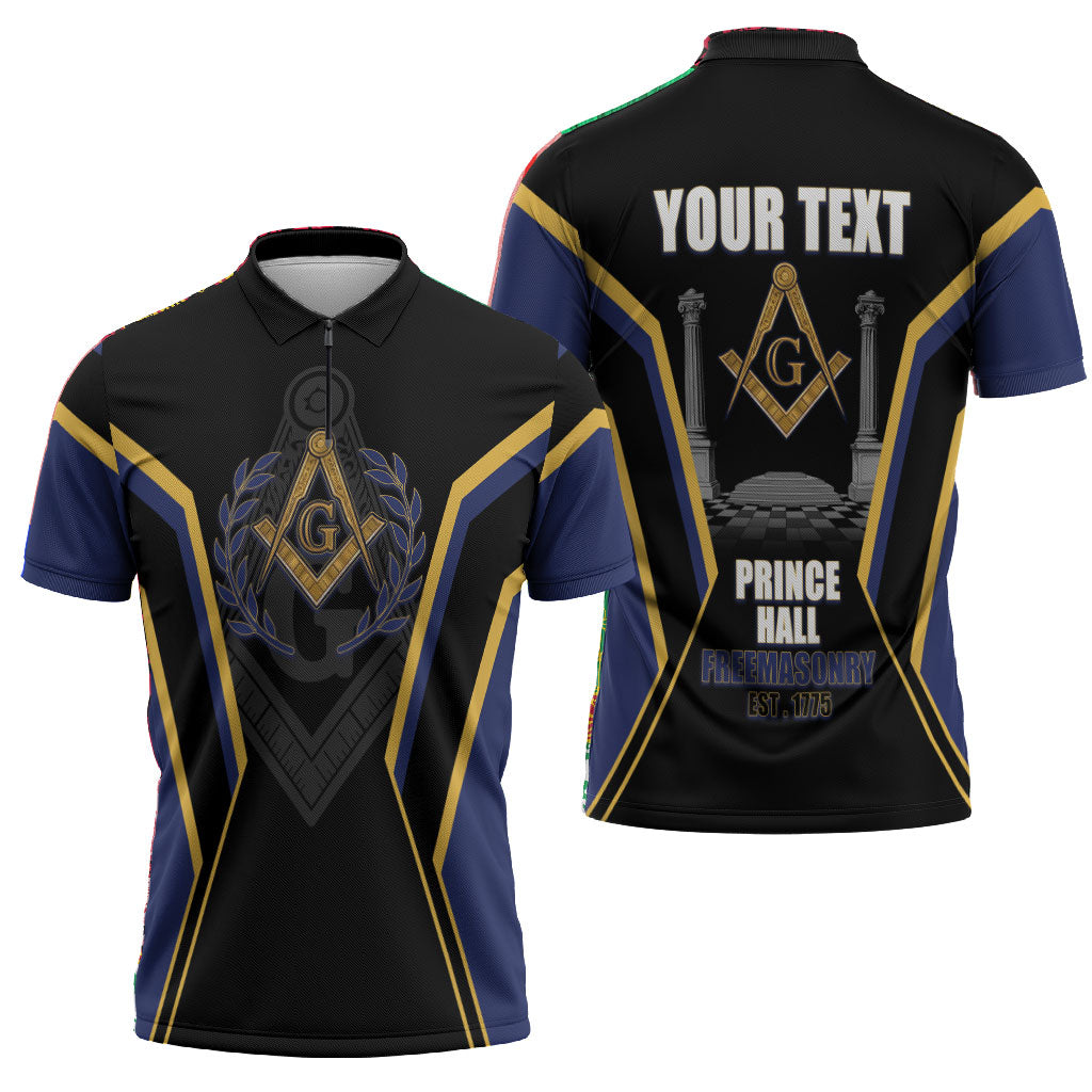Personalized Prince Hall Freemasonry Zipper Polo Shirt Royal Blue Gold Masonic Geometric Legacy Graphic