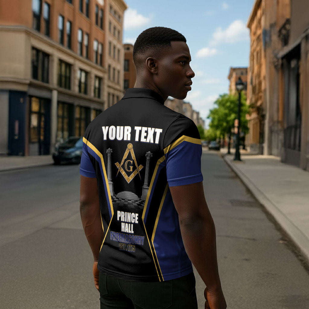 Personalized Prince Hall Freemasonry Zipper Polo Shirt Royal Blue Gold Masonic Geometric Legacy Graphic