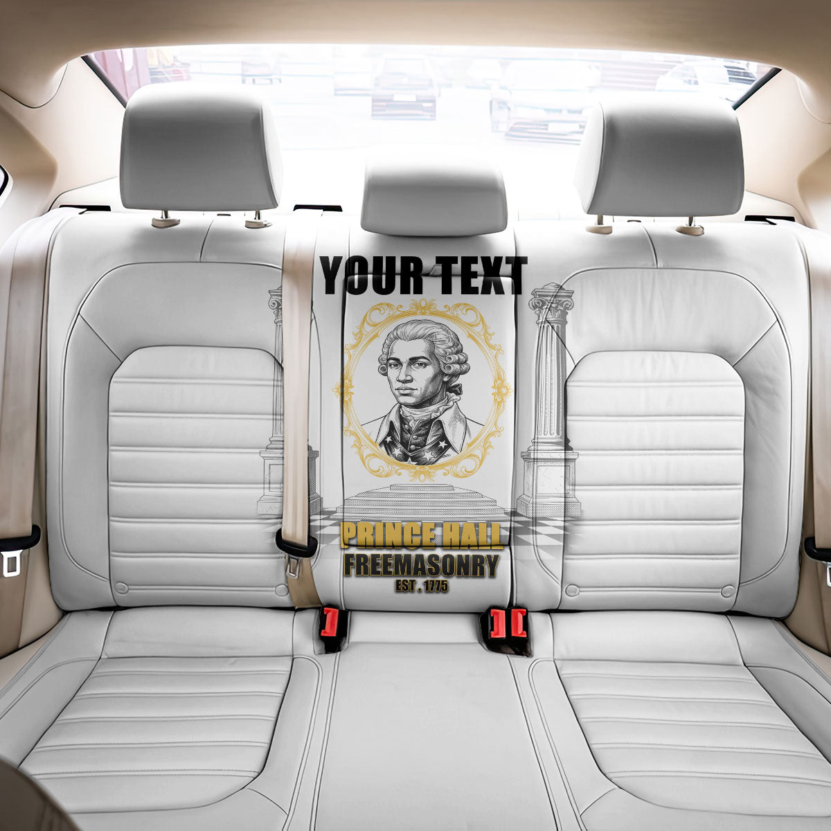 Personalized Prince Hall Freemasonry Back Car Seat Cover Masonic Square And Compass Vintage Gold Pillar Illustration