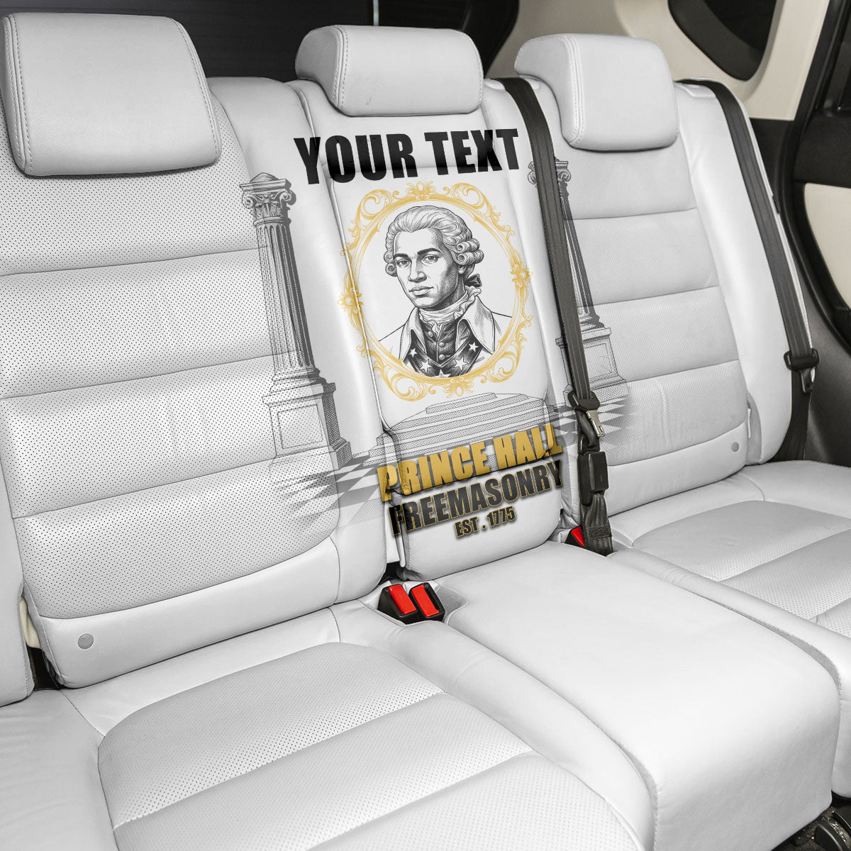 Personalized Prince Hall Freemasonry Back Car Seat Cover Masonic Square And Compass Vintage Gold Pillar Illustration