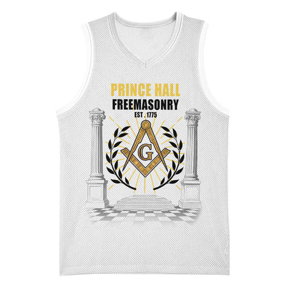 Personalized Prince Hall Freemasonry Basketball Jersey Masonic Square And Compass Vintage Gold Pillar Illustration