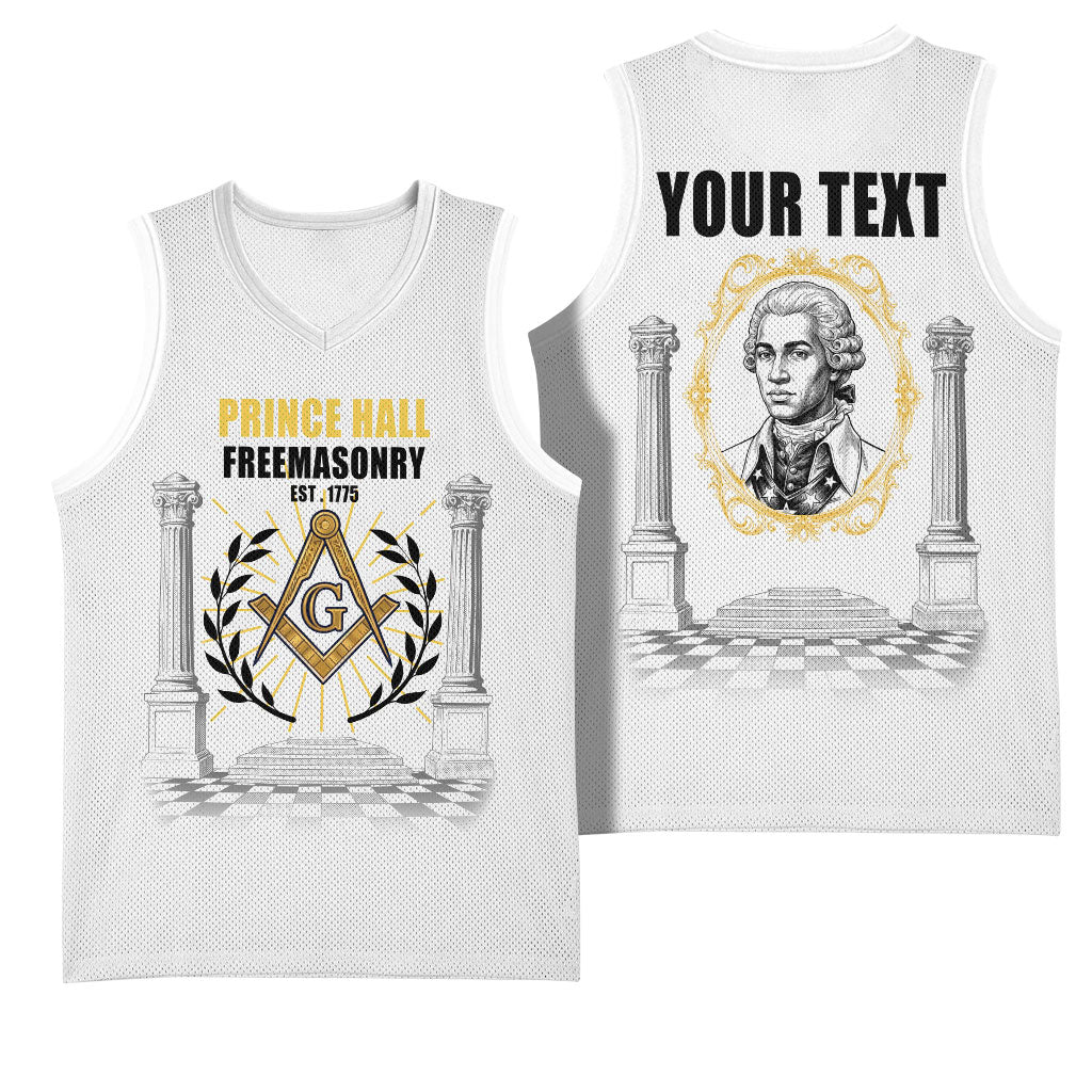 Personalized Prince Hall Freemasonry Basketball Jersey Masonic Square And Compass Vintage Gold Pillar Illustration