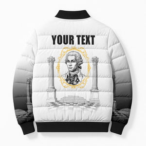 Personalized Prince Hall Freemasonry Bomber Puffer Jacket Masonic Square And Compass Vintage Gold Pillar Illustration