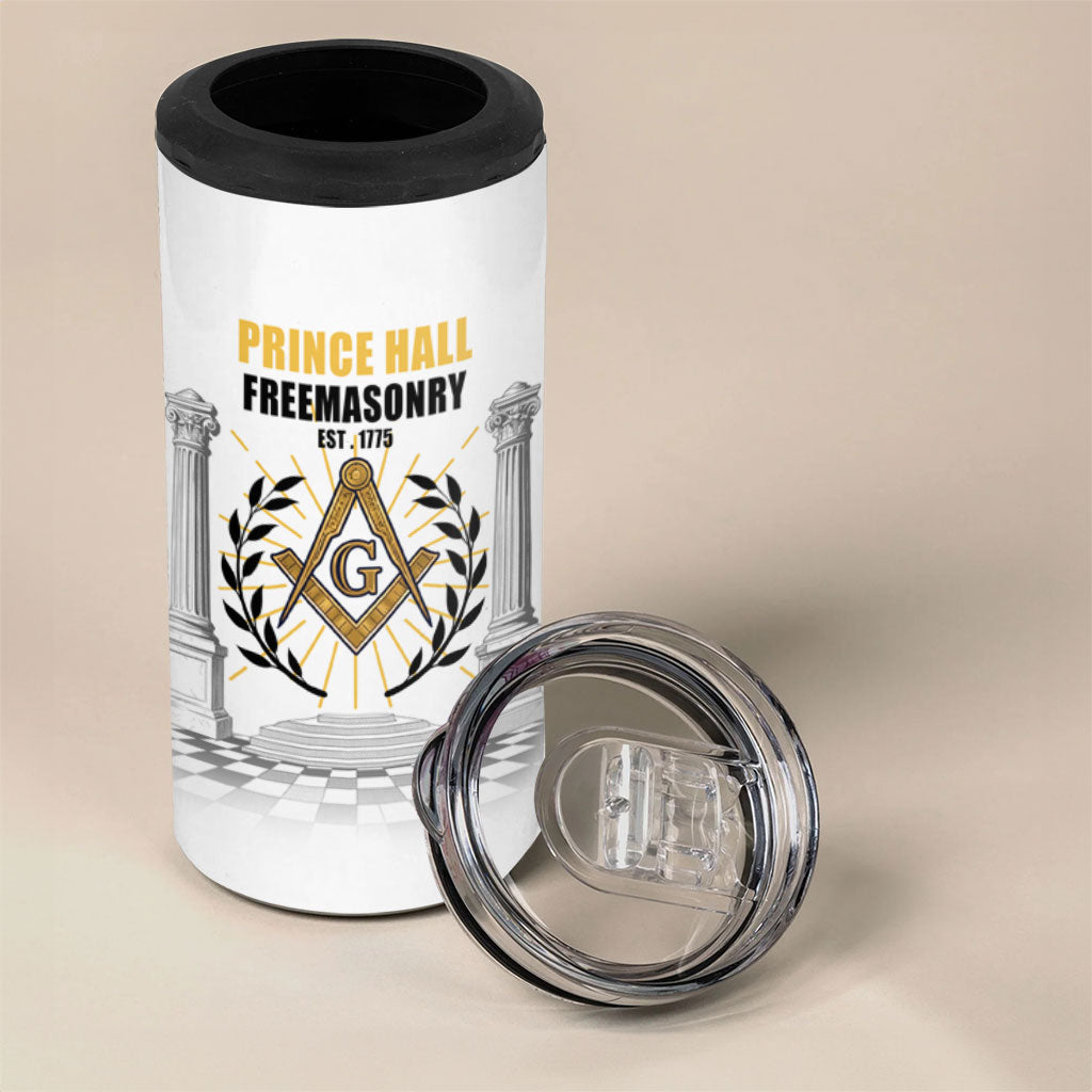 Personalized Prince Hall Freemasonry 4 in 1 Can Cooler Tumbler Masonic Square And Compass Vintage Gold Pillar Illustration