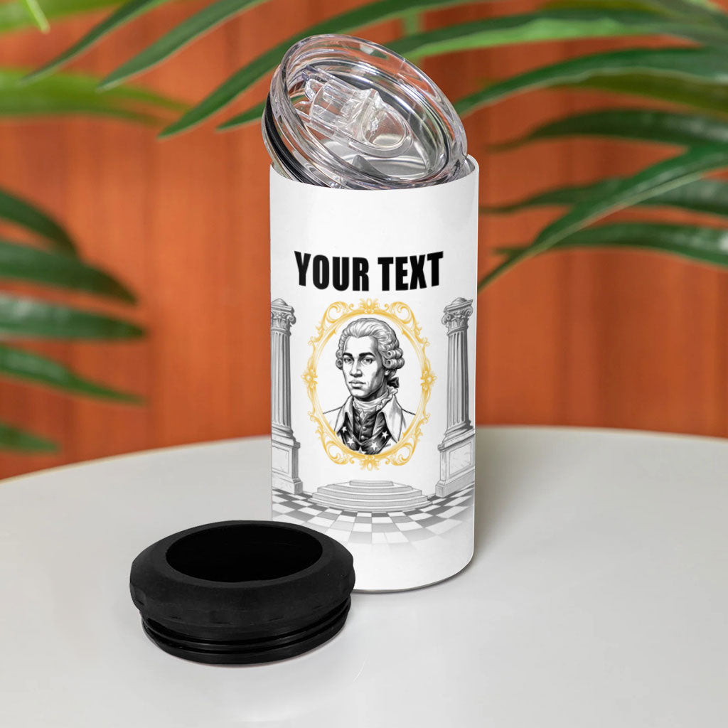 Personalized Prince Hall Freemasonry 4 in 1 Can Cooler Tumbler Masonic Square And Compass Vintage Gold Pillar Illustration