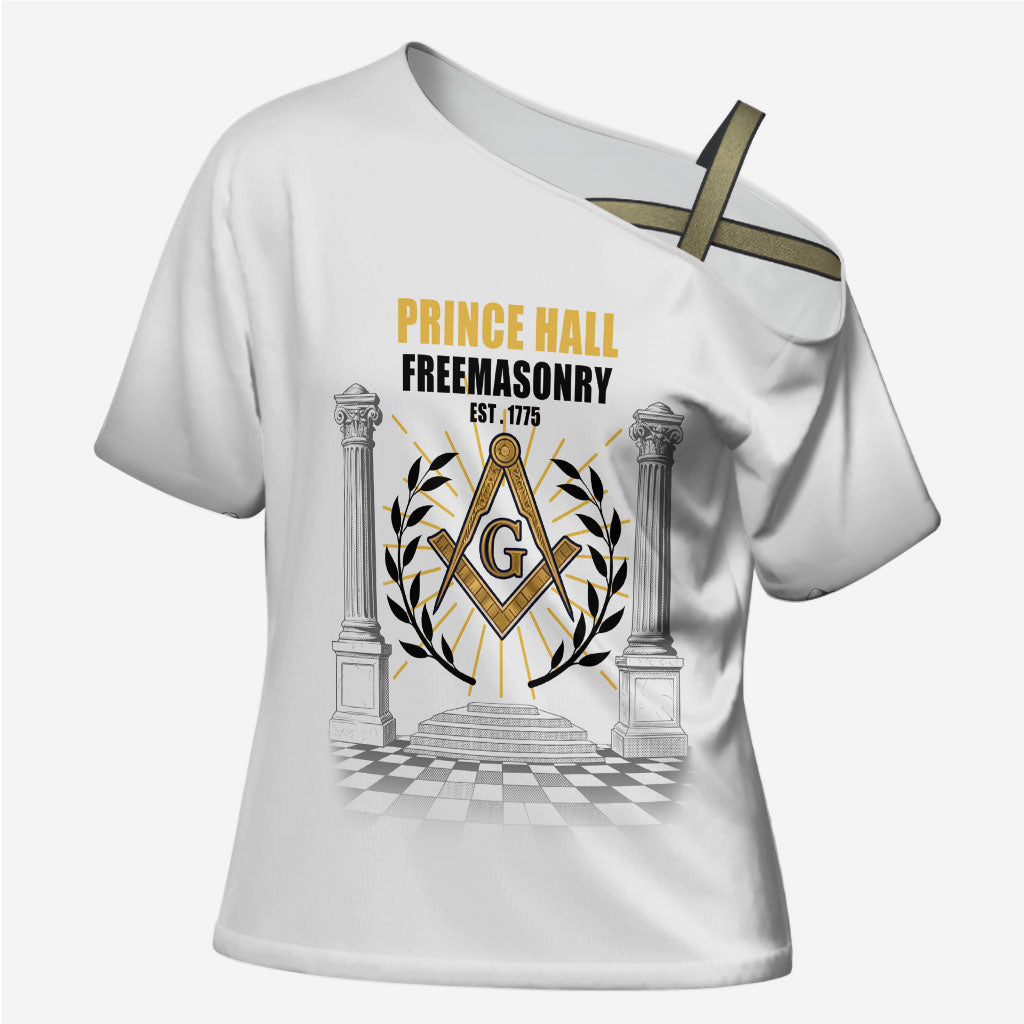 Personalized Prince Hall Freemasonry Cross Shoulder Shirt Masonic Square And Compass Vintage Gold Pillar Illustration