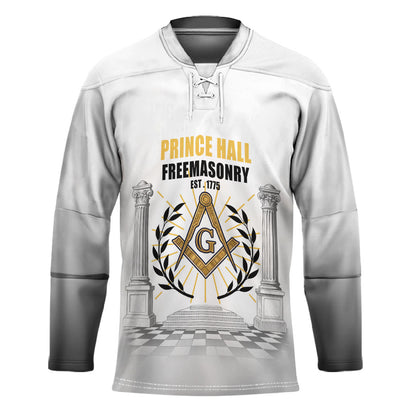 Personalized Prince Hall Freemasonry Hockey Jersey Masonic Square And Compass Vintage Gold Pillar Illustration