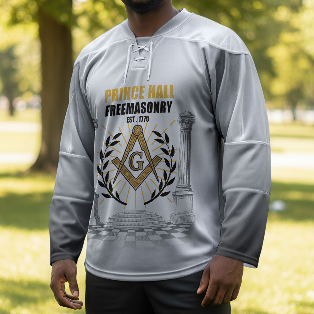 Personalized Prince Hall Freemasonry Hockey Jersey Masonic Square And Compass Vintage Gold Pillar Illustration
