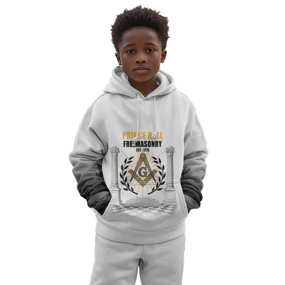 Personalized Prince Hall Freemasonry Kid Hoodie Masonic Square And Compass Vintage Gold Pillar Illustration