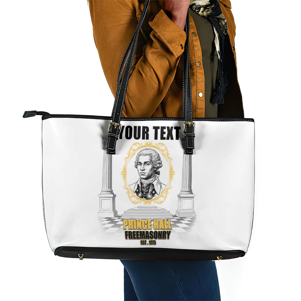 Personalized Prince Hall Freemasonry Leather Tote Bag Masonic Square And Compass Vintage Gold Pillar Illustration